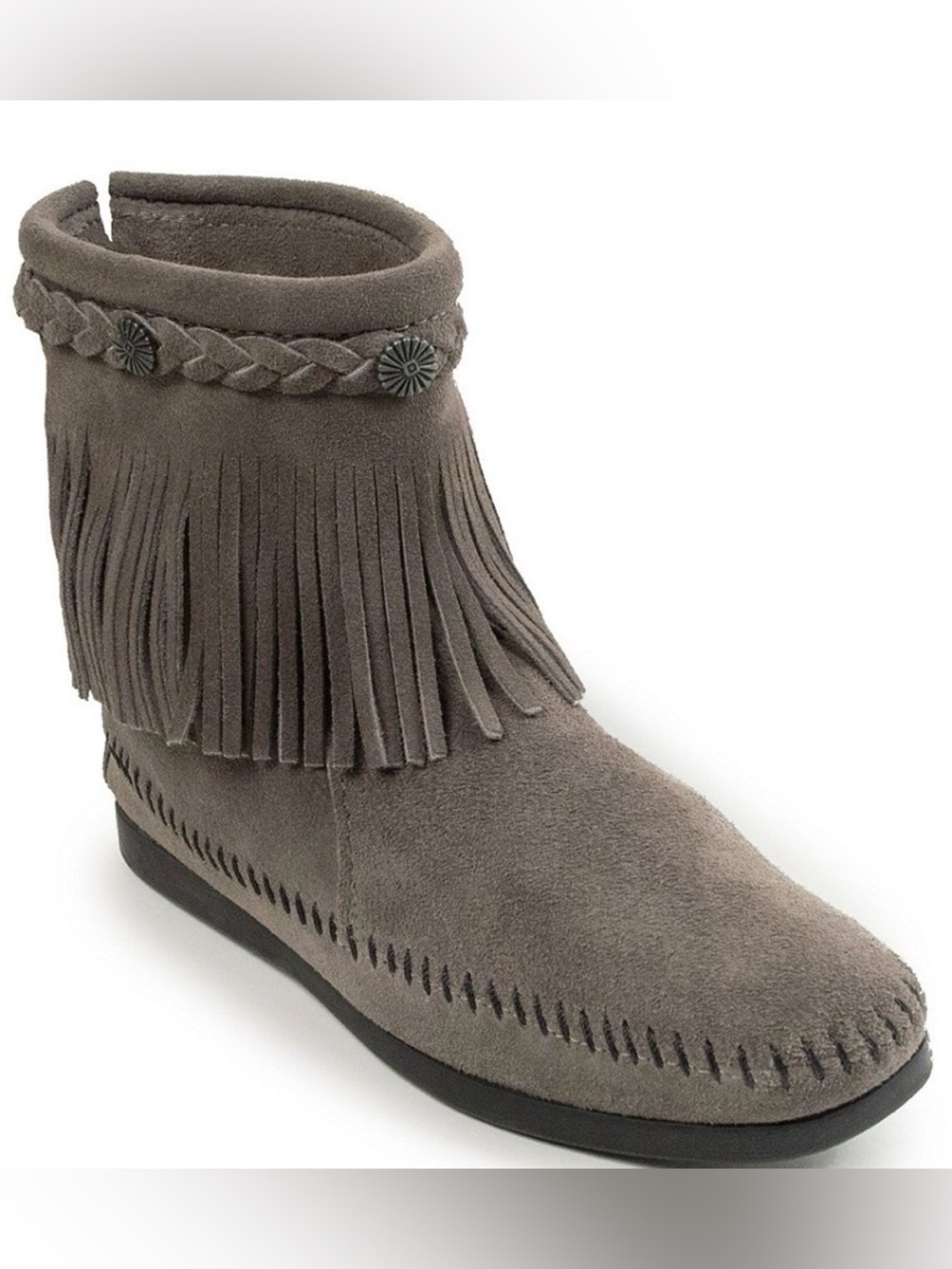 Minnetonka Gray Suede Fringe Moccasin Ankle Boots size 9.5